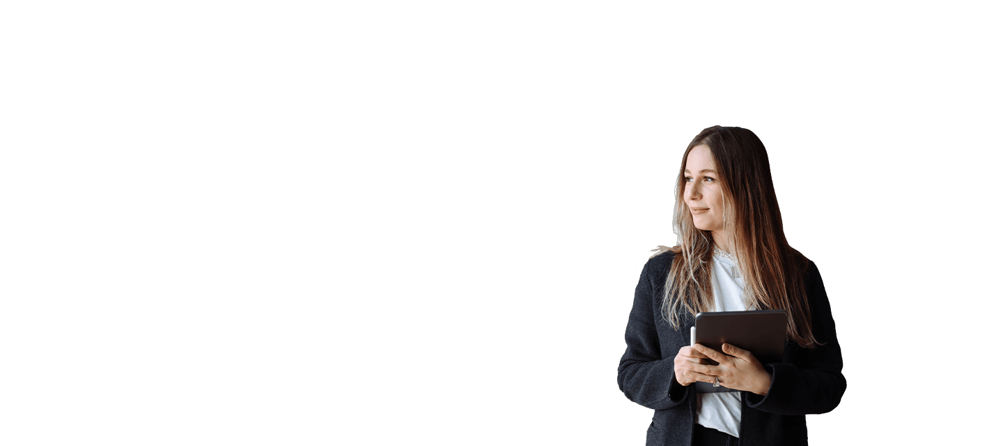 A smiling woman in black business jacket with a tablet in her hands; considering Intelligent Managed Print Services.