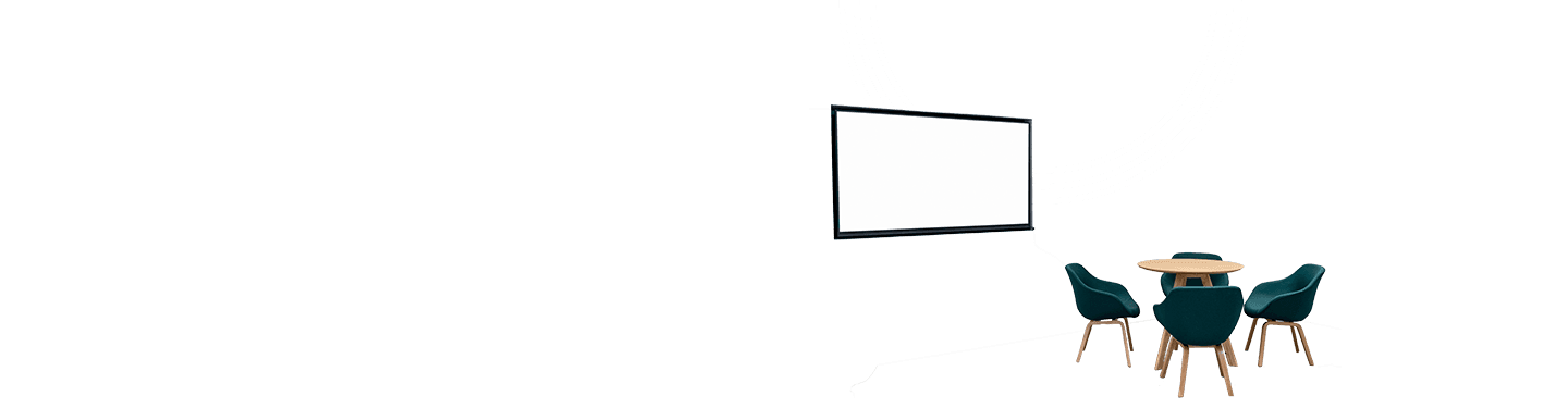 Meeting space solutions, image of chairs, and a large monitor