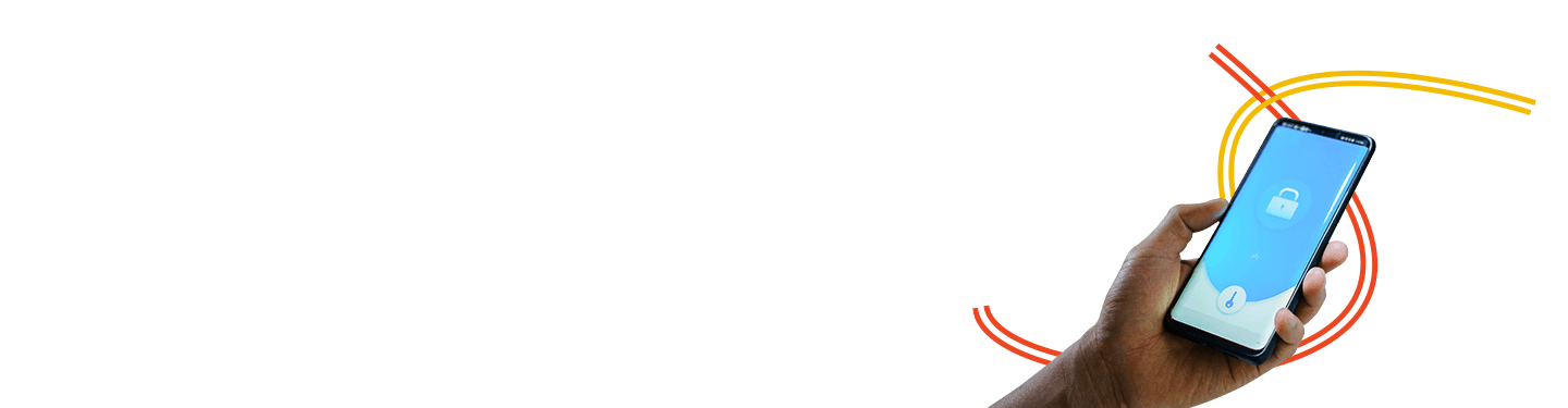 Person holding mobile phone while security lock is displayed