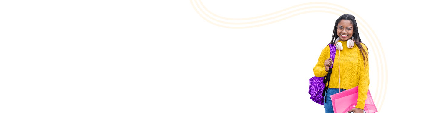 Girl smiling while wearing headphones around his neck, a backpack and school folder.